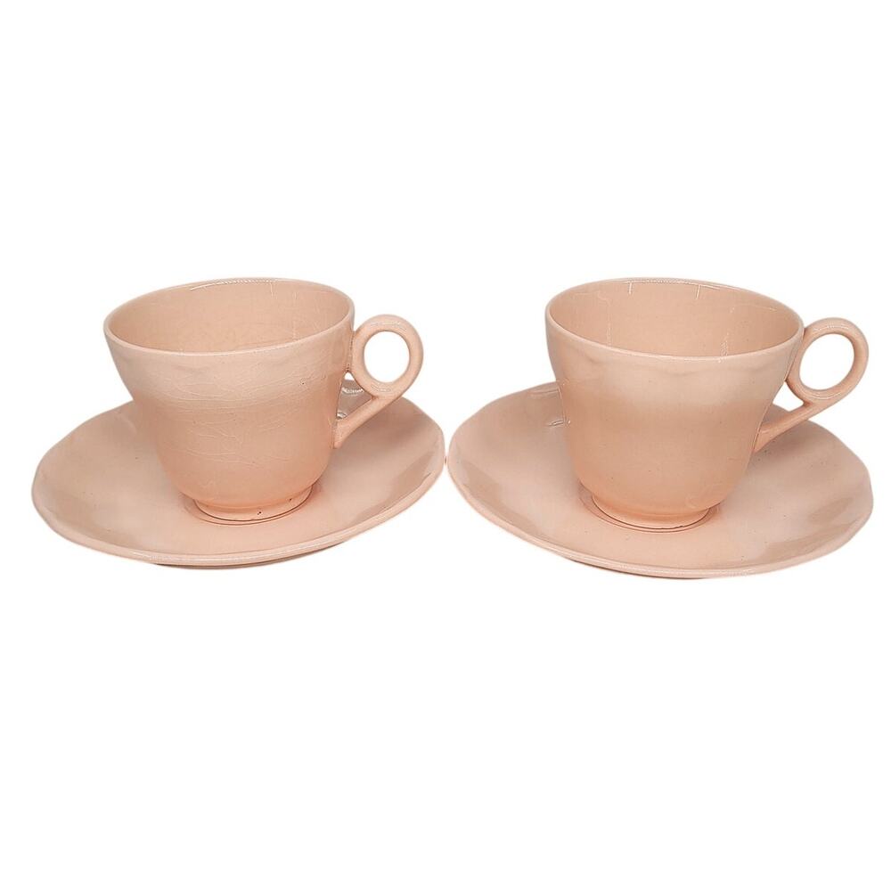Grindley Peach Petal Pink‎ Teacups Saucers Set of 2 Vintage Wavy Rim China 4-5